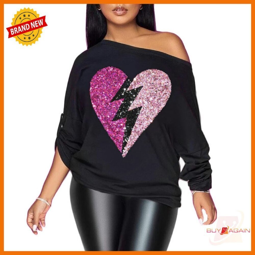 Off Shoulder Metallic Shiny Sweatshirt Long Sleeve Loose Fit Party Top